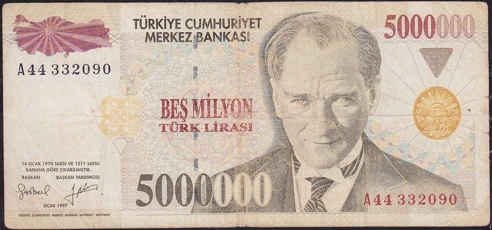 7.Emisyon 5 000 000 Lira A44 332090 Çok Temiz