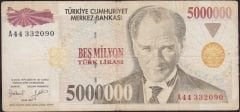 7.Emisyon 5 000 000 Lira A44 332090 Çok Temiz