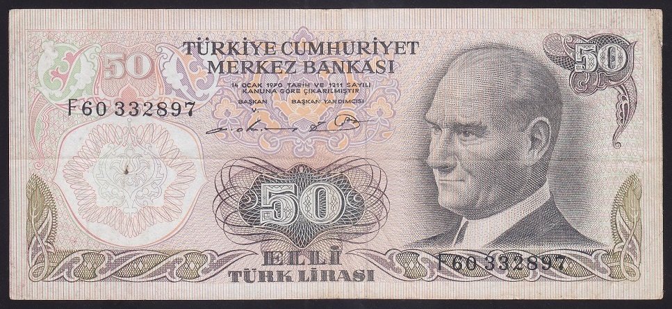 6.EMİSYON 1.TERTİP 50 LİRA F60 332897 ÇOK TEMİZ