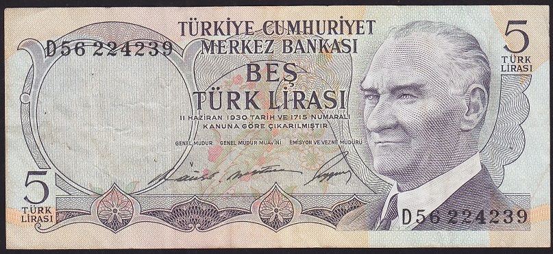 6.Emisyon 1.Tertip 5 Lira D56 224239 Çok Temiz