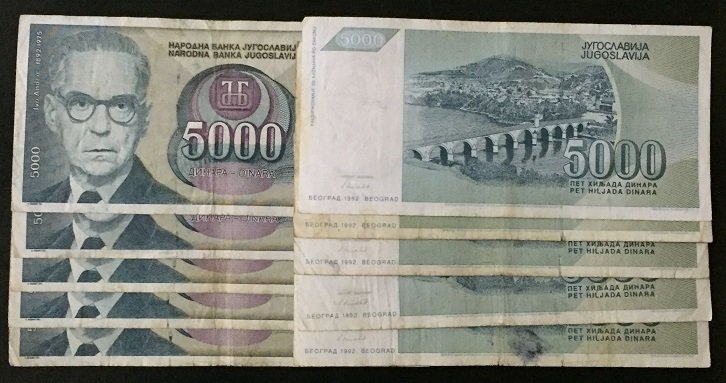 YUGOSLAVYA 5000 DİNAR 1992 ÇOK TEMİZ - 10 ADET
