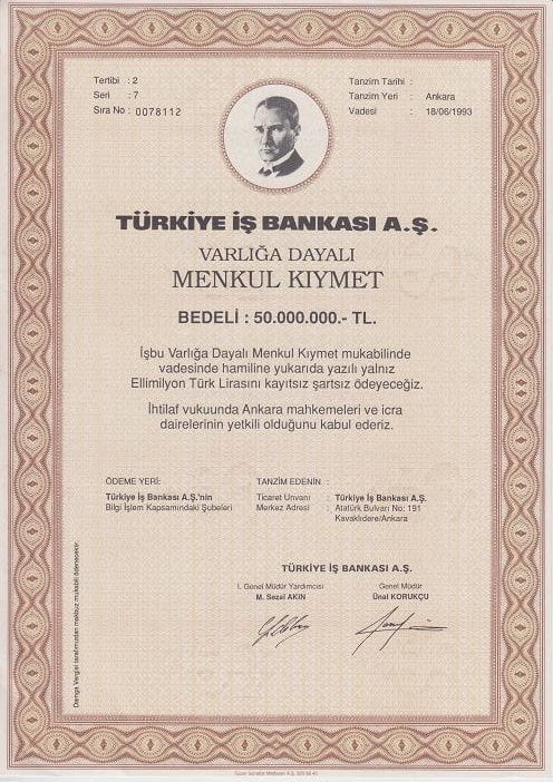 TÜRKİYE İŞ BANKASI MENKUL KIYMET 50 000 000 LİRA