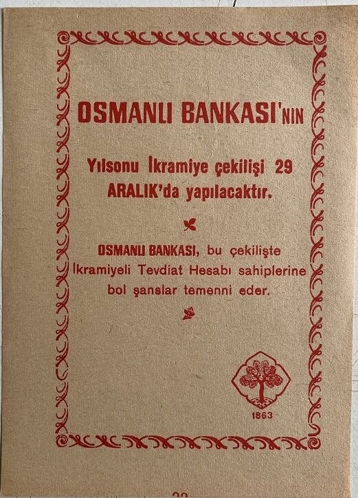 Osmanlı Bankası İkramiye Çekilişi İlan Kağıdı