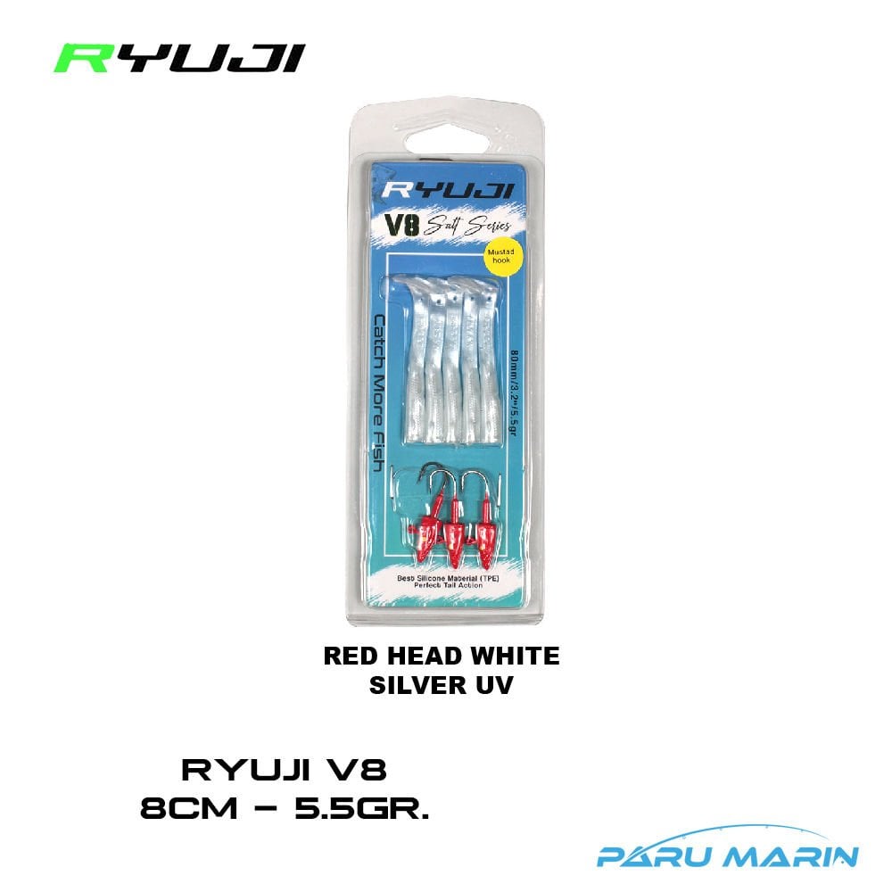 Ryuji V8 8cm 5.5gr. Silikon Yem Red Head White Silver