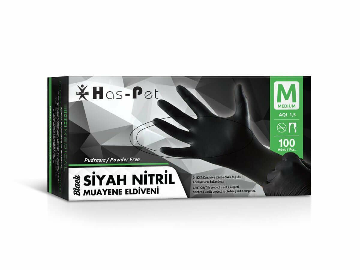 HAS-PET SİYAH NİTRİL ELDİVEN MEDIUM PUDRASIZ