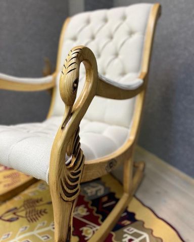 Asedia Vİntage Kuğu Naturel Krem El Oyması Ahşap Sallanan Sandalye Dinlenme Koltuğu Berjer