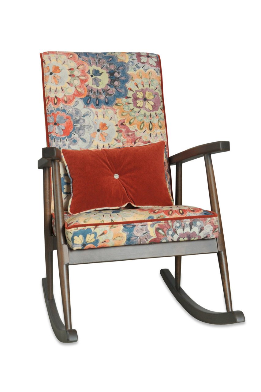 Asedia Trend Ceviz Çiçekli Örme Kumaş Modern Ahşap Sallanan Sandalye