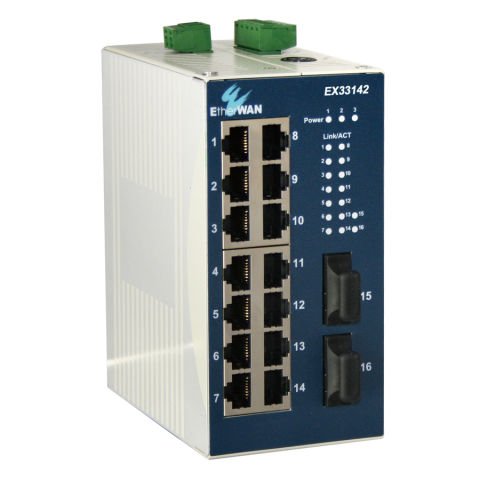 ETHERWAN EX33160-00B  Industrial Unmanaged 14 to 16-port 10/100BASE-TX and 2-port 100BASE-FX Ethernet Switch Fanless