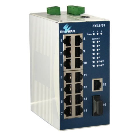 ETHERWAN EX33160-00B  Industrial Unmanaged 14 to 16-port 10/100BASE-TX and 2-port 100BASE-FX Ethernet Switch Fanless