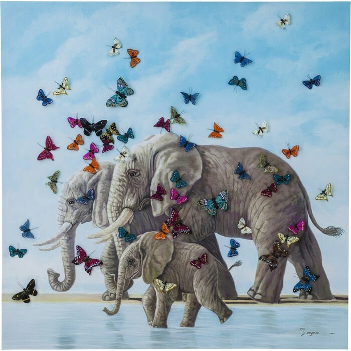 Elefants with Butterflies Tablo 120x120 cm