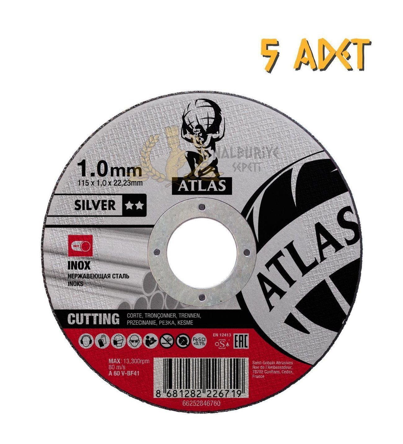 ST. Gobain ATLAS A46V 180*1.6*22.23 T41 Paslanmaz Çelik Ultra İnce Kesme Taşı Silver 5 ADET