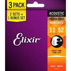 Elixir 11-52 Nanoweb Phos.Brz. Ekonomik 3'lü Set Akustik Gitar Teli (16544)