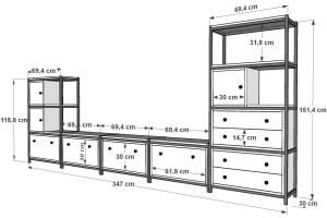 Raflı Kitaplıklı Dolaplı Düşer Kapaklı Çekmeceli Metal Tv Ünitesi Antrasit 347 Cm MTL-TVT-1020-A