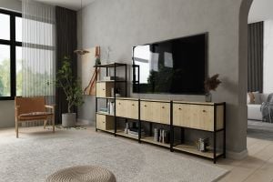 Raflı Kitaplıklı Dolaplı Düşer Kapaklı Metal Tv Ünitesi Meşe 277 Cm MTL-TVT-1028-M