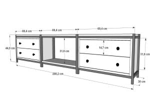 Raflı Tek Katlı Dört Çekmeceli Metal Tv Ünitesi Beyaz 208 Cm MTL-TVT-1003-B