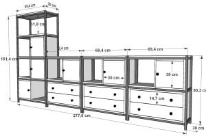 Raflı Kitaplıklı Dolaplı Çekmeceli Metal Tv Ünitesi Meşe 277 Cm MTL-TVT-1027-M