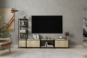 Raflı Kitaplıklı Düşer Kapaklı Dolaplı Metal Tv Ünitesi Meşe 245 Cm MTL-TVT-1016-M