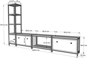 Raflı Kitaplıklı Düşer Kapaklı Dolaplı Metal Tv Ünitesi Meşe 245 Cm MTL-TVT-1016-M