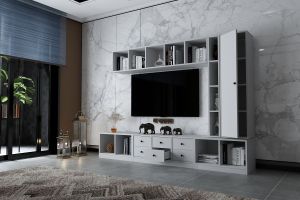 Duvar Dolaplı Çekmeceli Tv Ünitesi Beyaz 228 Cm TV-1305-Ç