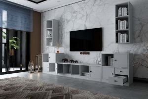İkili Duvar Dolaplı Çekmeceli Tv Ünitesi Beyaz 292 Cm TV-1294-Ç