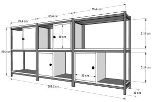 Raflı İki Katlı Dolaplı Metal Konsol Meşe 208 Cm MTL-KNS-1034-M