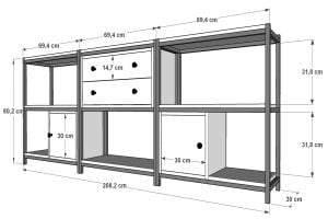 Raflı İki Katlı Dolaplı Çekmeceli Metal Konsol Antrasit 208 Cm MTL-KNS-1035-A