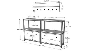 Raflı İki Katlı Düşer Kapaklı Askılıklı Metal Ayakkabılık  Meşe 138 Cm MTL-AYK-1018-M