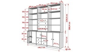 6 Kapakli Çekmeceli Kitaplik 200 Cm Beyaz KTP-1354-Ç