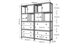 Raflı Dört Katlı Dolaplı Düşer Kapaklı Çekmeceli Metal Kitaplık  Beyaz 138 Cm MTL-KTP-1090-B