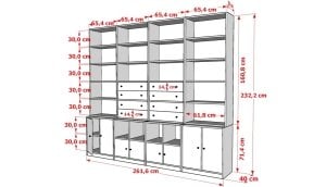 8 Kapakli Çekmeceli Rafli Kitaplik 260 Cm Beyaz KTP-1388-Ç