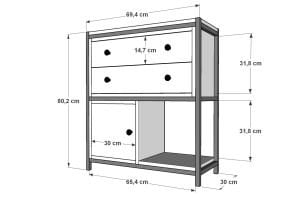 Raflı İki Katlı Dolaplı 2 Çekmeceli Geniş Metal Komodin Meşe 80 Cm MTL-KMD-1015-M