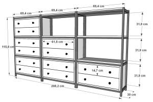 Raflı Üç Katlı Oniki Çekmeceli Metal Konsol Antrasit 208 Cm MTL-KNS-1032-A