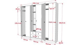 4 Kapili Askilikli Rafli Çekmeceli Giysi Dolabi Gardrop Beyaz 200 Cm G-YD-1066-Ç