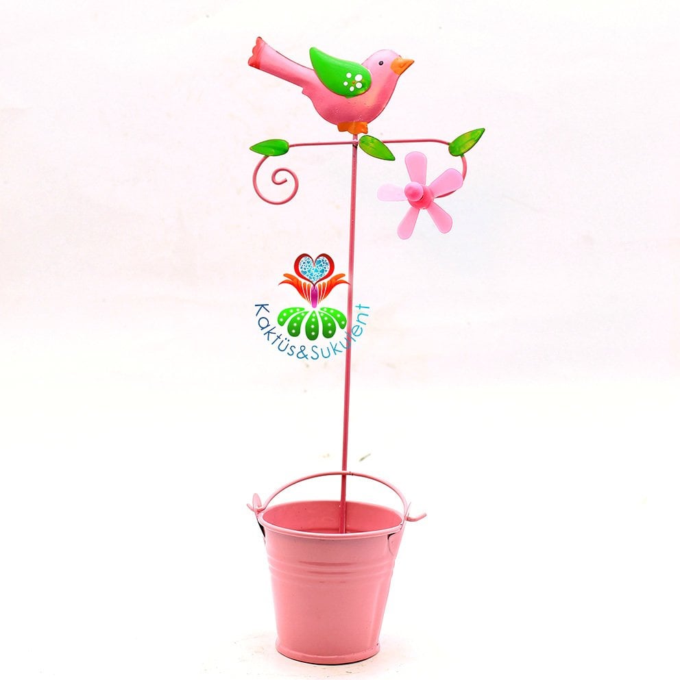 Kuş Aksesuarlı Pervaneli Dekoratif Metal Saksı- 5,5 cm Hazneli-Pembe Renk-Çok Şık