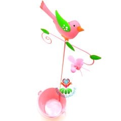 Kuş Aksesuarlı Pervaneli Dekoratif Metal Saksı- 5,5 cm Hazneli-Pembe Renk-Çok Şık