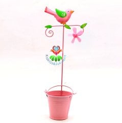 Kuş Aksesuarlı Pervaneli Dekoratif Metal Saksı- 5,5 cm Hazneli-Pembe Renk-Çok Şık