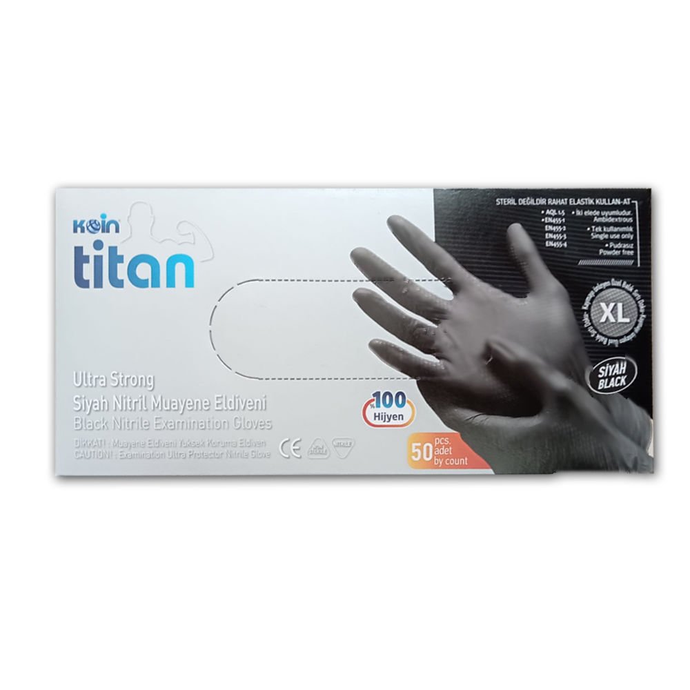 Koin Titan Ultra Güçlü Nitril Siyah Pudrasız Eldiven XL Boy 50 Adet