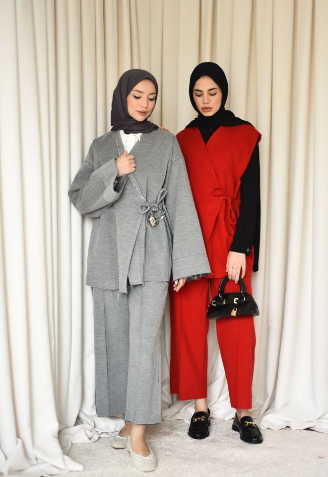 Yelekli Kaşe Takım - Kırmızı