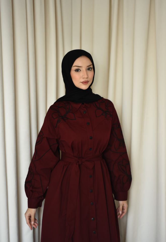 Nakışlı Elbise - Bordo