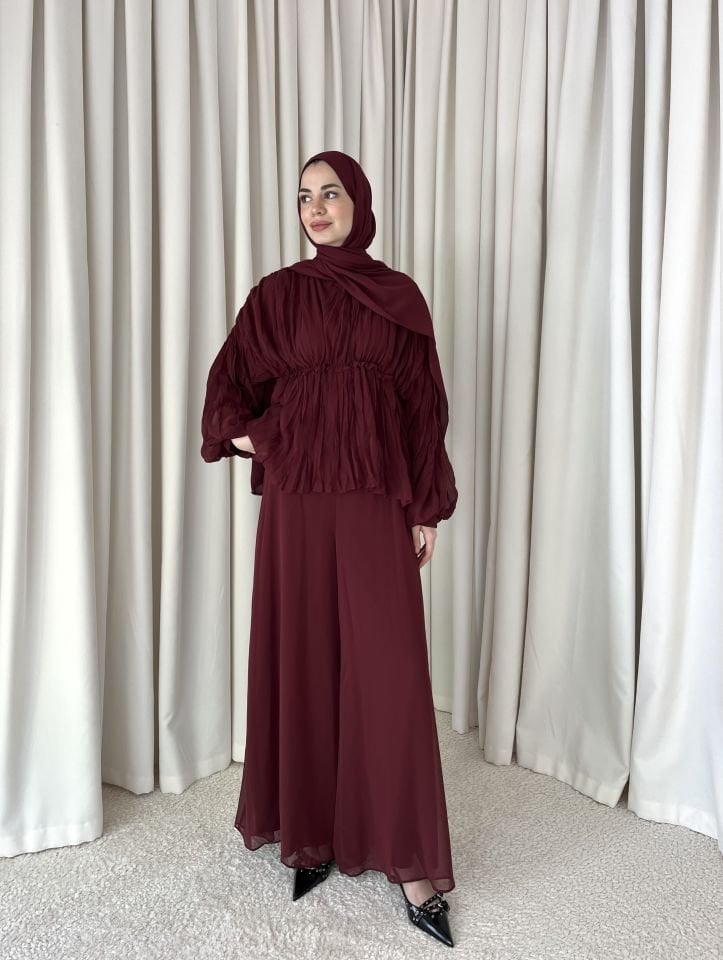 Şifon Bol Pantolonlu İkili Takım - Bordo