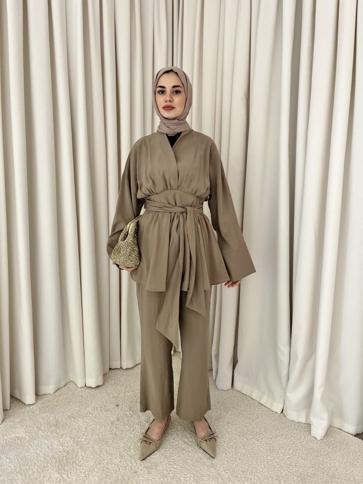 Modal Kuşaklı Pantolonlu Takım