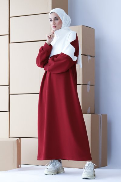 BORDO İKİ RENK SWEAT ELBİSE