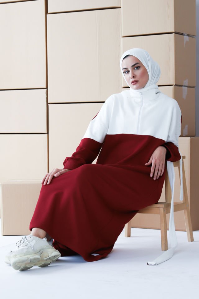 BORDO İKİ RENK SWEAT ELBİSE