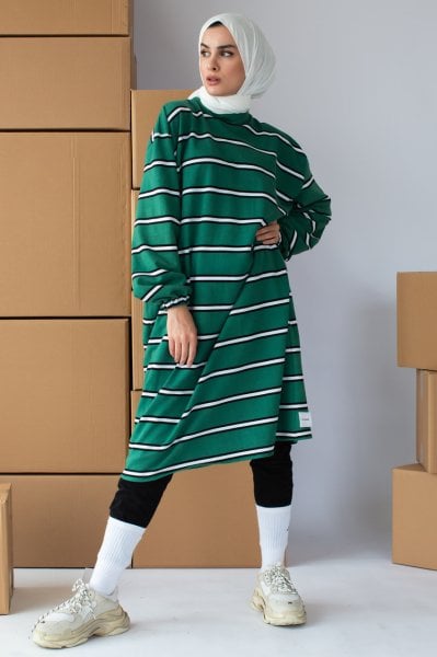 YEŞİL ÇİZGİLİ OVERSIZE SWEAT