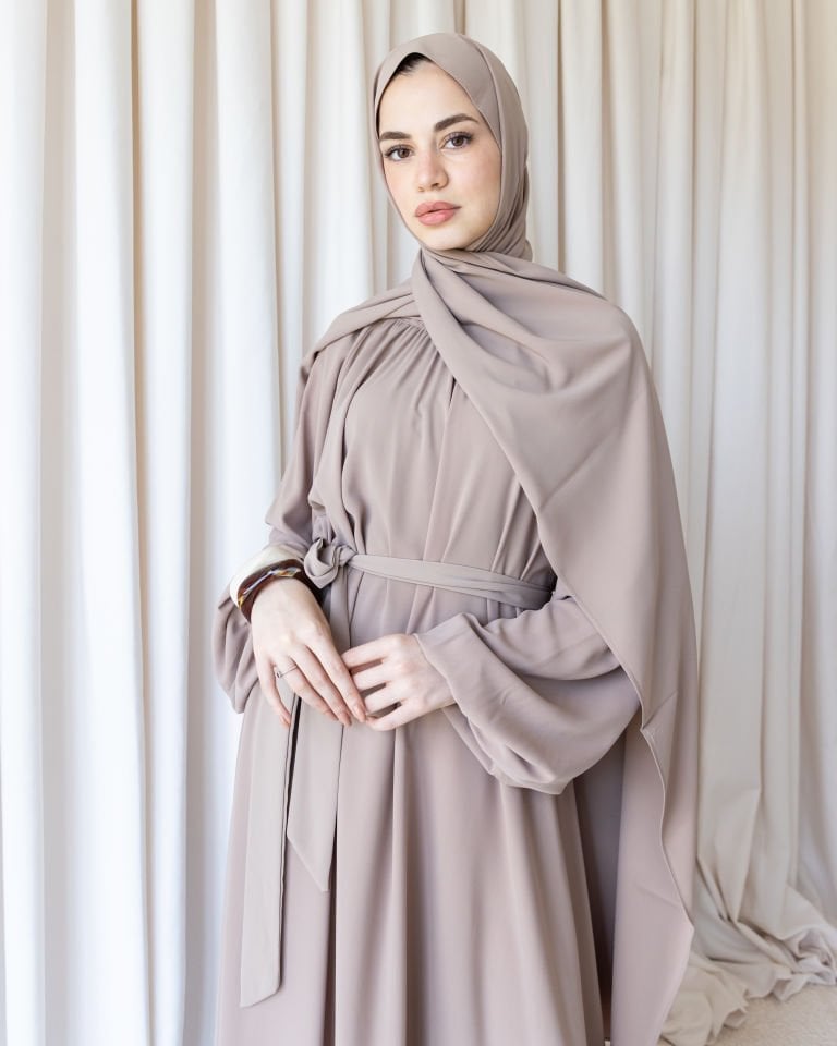 Yaka Büzgülü Balon Elbise - Vizon