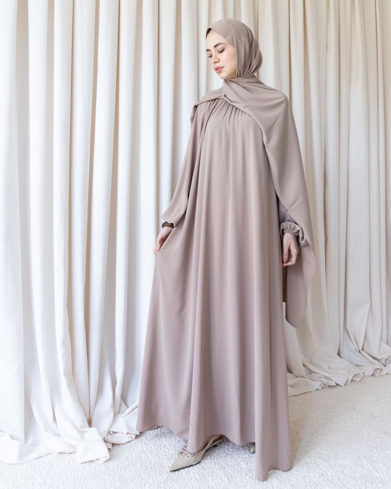 Yaka Büzgülü Balon Elbise - Vizon