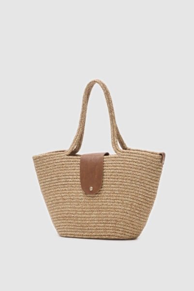 Cocos Kapaklı Handmade Hasır Tote Çanta Vizon