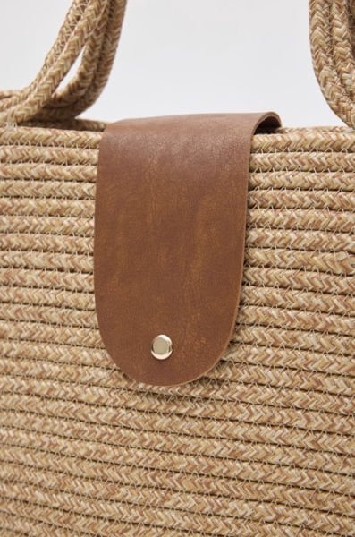 Cocos Kapaklı Handmade Hasır Tote Çanta Vizon