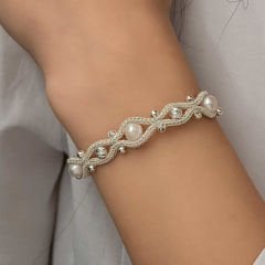 Gümüş İnci Kazaziye Örgü Bileklik 18 cm