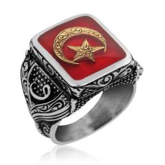 Gümüş Kırmızı Ay Yıldız Erkek Yüzük 20